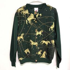 VTG Mondi Quilted Knit Sweater Jacket Green Horse Equestrian Celestial Whimsical